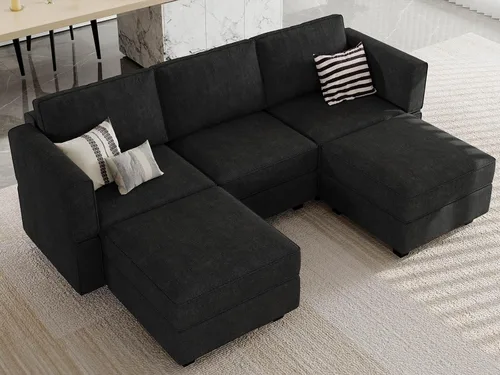 Vista 4 de Belffin Sofá seccional modular de tela en forma de U Sofá seccional doble diván Sofá otomano convertible con almacenamiento negro