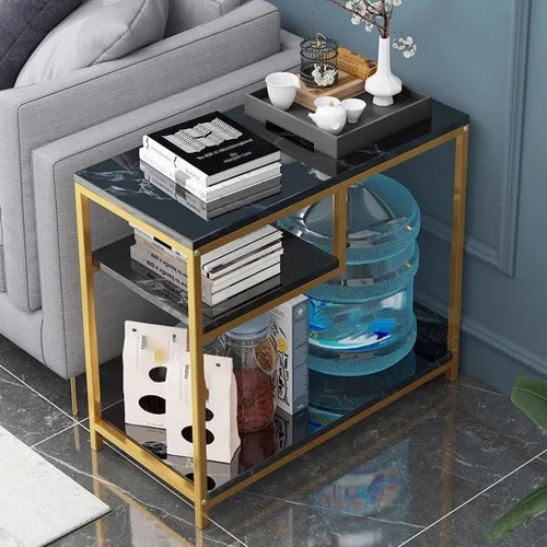 Vista 4 de Mesa de consola moderna para sofá con estantes, mesa de entrada, mesa auxiliar para espacios pequeños con marco de metal, mesa de almacenamiento