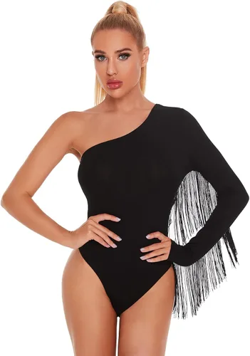 Vista 3 de VERDUSA Bodysuit de manga larga con un solo hombro y ribete de flecos para mujer