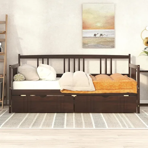 Vista 3 de Polibi Sofá cama de tamaño individual con dos cajones, marco de sofá cama de madera con rieles para sala de estar, dormitorio, color espresso