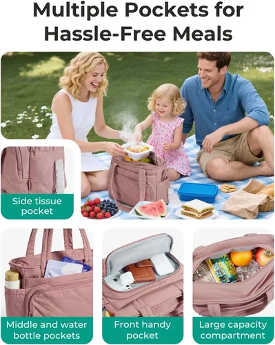 Vista 3 de BAGSMART Bolsa de Almuerzo para Mujer, Bolsa de Almuerzo Grande Aislada con Múltiples Bolsillos, Bolsa de Mano Acolchada y Hinchable