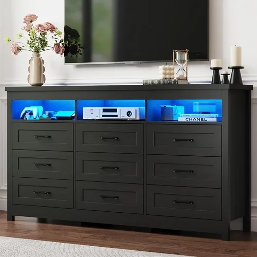 Vista 12 de Hlivelood Cómoda de granja de 9 cajones con luces LED, cómoda grande de 160 cm de ancho para dormitorio, cómoda de madera moderna con organizador