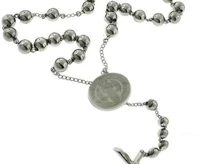 Vista 3 de Rosario católico cuentas collar de oración acero inoxidable San Benito medalla de 28 pulgy 6 mm 24 pulg y 6 mm o 18 pulg y 4 mm