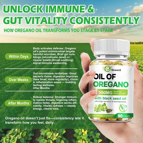 Vista 6 de BEWORD Aceite de orégano con aceite de semilla negra, 90/280/560/840 cápsulas blandas, 9000 mg por porción - Suplemento de orégano 2 en 1