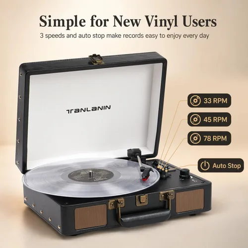 Vista 5 de Reproductor de discos de vinilo con altavoces integrados, tocadiscos de entrada Bluetooth de 3 velocidades, grabación y reproducción USB/TF