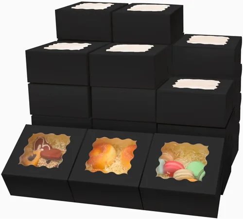 Vista 11 de Bakepacker 60 cajas de papel kraft para panadería con ventana de 6 x 6 x 3 pulgadas de grosor y resistentes cajas de pastelería de macarrones