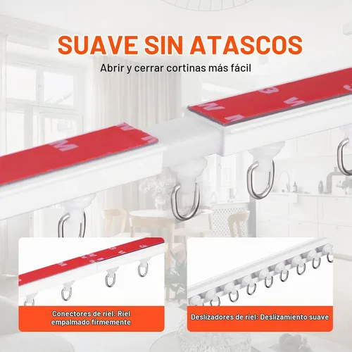 Vista 4 de VEVOR Juego de rieles para cortina de techo, 9.9 pies/3 metros, sistema de riel de techo autoadhesivo sin perforación para cortinas, riel de techo