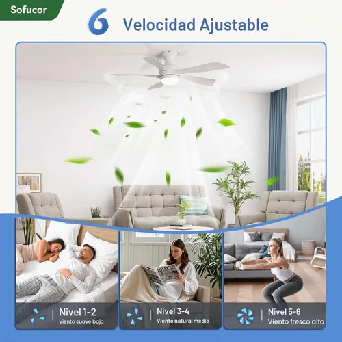 Vista 4 de Sofucor Ventilador de techo inteligente de perfil bajo de 52 pulgadas con luces y control remoto, ventilador de techo empotrado funciona con Blanco