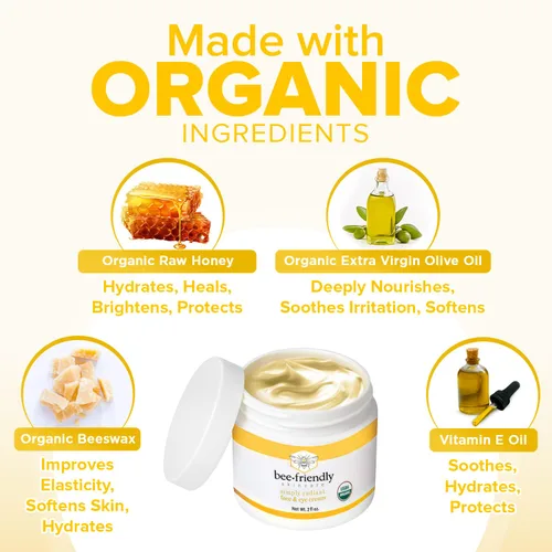 Vista 2 de Crema para rostro y ojos Beefriendly 100% todo natural, 85% hidratante orgánico, todo en una, crema para cara, ojos, cuello, escote, 2 oz