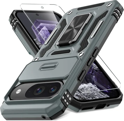 Vista 48 de DEERLAMN Funda para Google Pixel 8 con cubierta deslizante para cámara + protector de pantalla (1 paquete), soporte de anillo giratorio grado