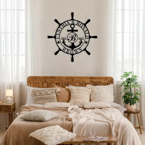 Vista 7 de Letrero personalizado con nombre de familia, decoración de pared náutica, letrero de metal con brújula de ancla, letrero de monograma de letra