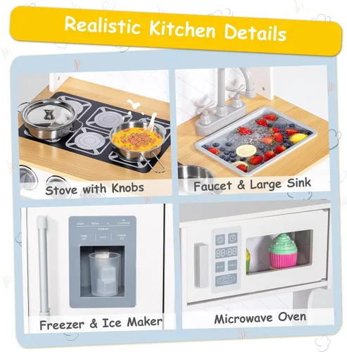 Vista 4 de Juego de cocina, cocina de madera para niños pequeños con grifo, fregadero, máquina de hielo, juguetes de cocina, alturas ajustables, estufa, cocina
