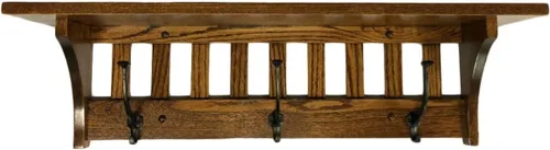 Vista 3 de Rustic Red Door Co. Mission Style - Perchero montado en la pared con estante, colgador de madera de entrada con 5 ganchos de hierro forjado