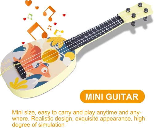 Vista 7 de YOLOPLUS+ Ukelele de juguete para niños, juguete musical de guitarra para niños, 4 cuerdas de acero de 17 pulgadas, con púa, juego educativo