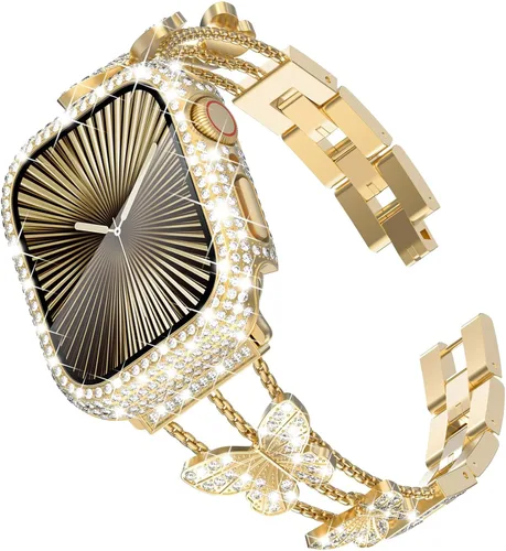 Vista 18 de Correa Bling y Funda WINGLE para Apple Watch para Mujeres 40mm SE 3/2/1 Series 6 5 4, Correa de Brazalete de Metal con Diamantes de Imitación