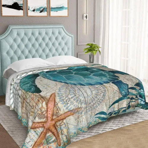Vista 6 de Manta de felpa con aire acondicionado, diseño vintage de tortuga oceánica y estrellas de mar, mapa del mundo, ultra suave, acogedora, para cama