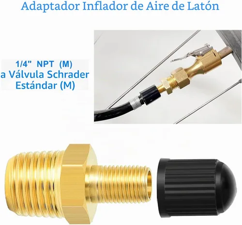 Vista 2 de Adaptador de inflador de aire de latón de 1/4 NPT (M) a válvula Schrader estándar (M), válvula de tanque, conector de inflador de neumáticos
