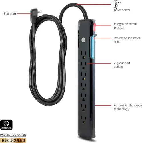 Vista 2 de GE SurGE - Tira de alimentación protectora, cable de extensión de 4 pies, extensor de 7 tomas, 1080 julios, enchufe plano, montaje en pared