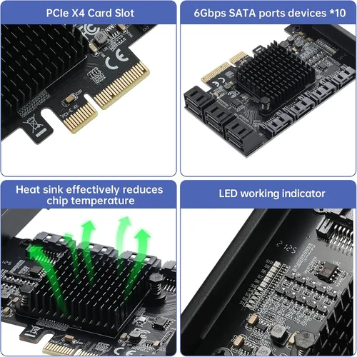 Vista 3 de Tarjeta PCI Express a SATA 3.0 de 2X 10 Puertos, Tarjeta de Expansión PCI Express a SATA III de 6Gbps, Chips ASM1166+JMB575