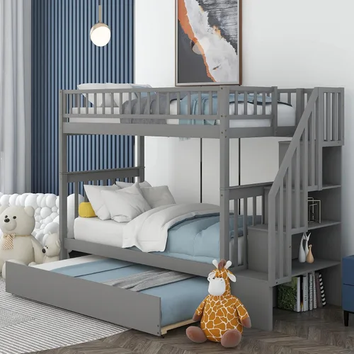 Vista 24 de Literas para niños con escalera, literas de madera maciza con barandilla completa