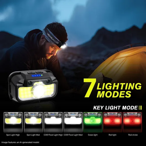 Vista 5 de Favorlite - Paquete de 2 faros recargables, 1300LM LED con luz roja y verde, 7 modos, ajuste de memoria, control de gestos, tipo C, resistente al