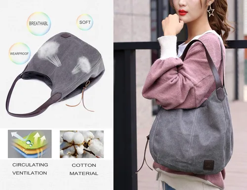 Vista 6 de DOURR Bolso de hombro con múltiples bolsillos para mujer bolso de lona de algodón a la moda