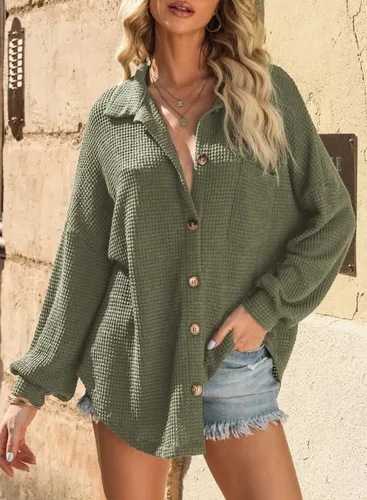 Vista 7 de SHEWIN Women's Waffle Knit Button Down Shirts Casual Long Sleeve Shacket Jacket Boyfriend Tops Blouses Loose Fit