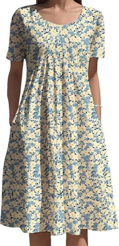Vista 16 de Vestidos bohemios para mujer, estampado floral, manga corta, cuello redondo, talla grande, vestido de vacaciones con bolsillos para verano 2025