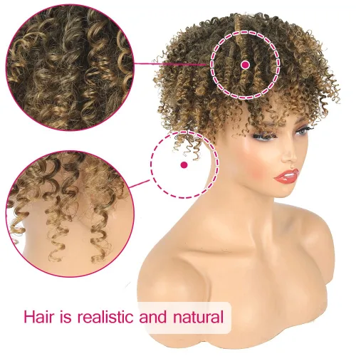 Vista 2 de Matthia Pelucas de cabello rizado marrón con flequillo para cabello fino, sintético corto afro rizado rizado con clip para mujeres negras (1B/27#)