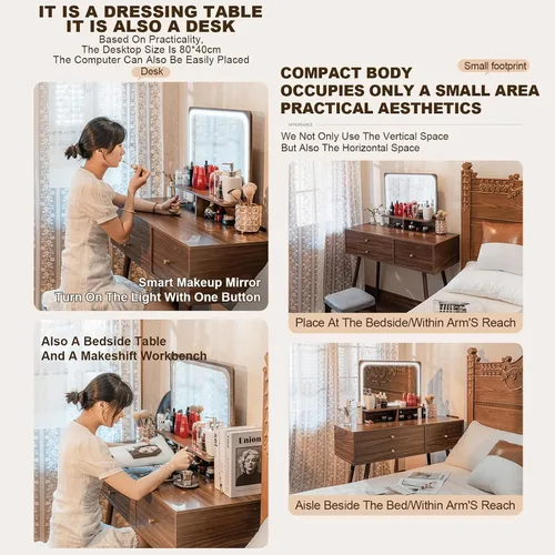 Vista 7 de Tocador con espejo de luces, escritorio de maquillaje de madera con taburete acolchado, moderno escritorio de tocador para dormitorio con taburete