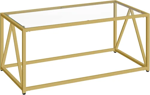 Vista 7 de Mesa de Café de Vidrio HOOBRO, Mesas de Café Doradas para Sala de Estar, Mesa de Café de Vidrio Dorada, Mesa Central de 1 Capa, Moderna, para Dorado