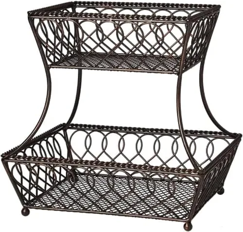 Vista 9 de [Usado] Gourmet Basics by Mikasa Cesta de frutas para encimera de 2 niveles, con bucle y celosía, almacenamiento redondo de metal para cocina o mesa