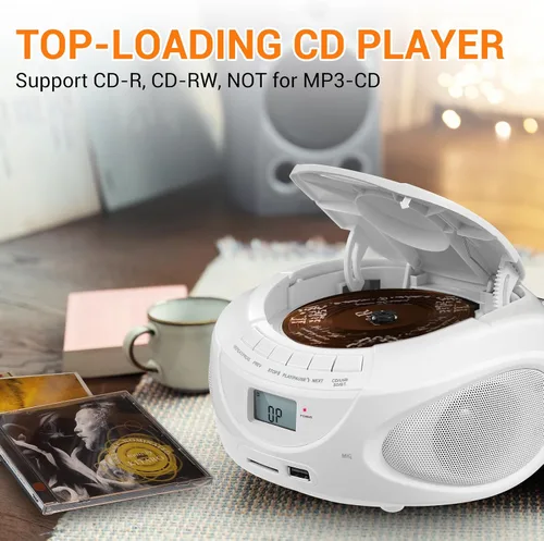 Vista 4 de Reproductor de CD portátil con Bluetooth, reproductor de CD de radio AM/FM con altavoces estéreo, entrada USB/SD/AUX, conector para auriculares