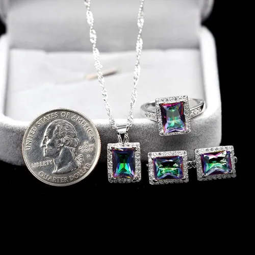 Vista 6 de Uloveido T483 - Juego de anillos solitarios, diseño de topacio místico, gran rectangular, para mujer, con clip