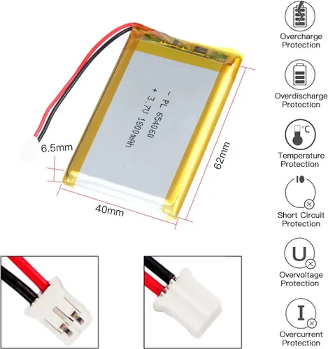 Vista 3 de 3.7V 1800mAh 654060 batería de iones de polímero de litio batería recargable Lipo con conector de paso de PH 0.079 in