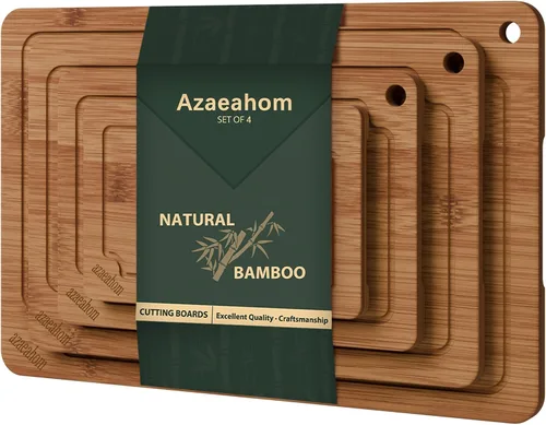 Vista 10 de Tablas de cortar de bambú para cocina, juego de tablas de cortar de madera con ranuras para jugos y asas incorporadas, fácil almacenamiento