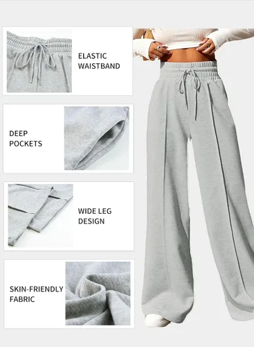 Vista 5 de Aleumdr Pantalones deportivos de cintura alta con cordón y pierna ancha con bolsillos, pantalones de yoga sueltos casuales para mujer