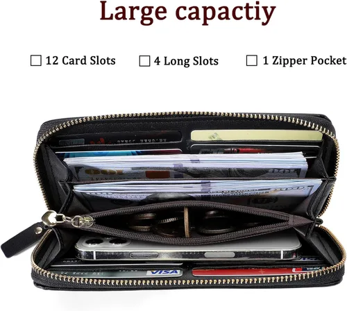 Vista 2 de Billetera para mujer con bloqueo RFID para mujer, carteras largas con correa de muñeca para mujer
