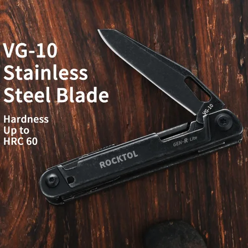 Vista 2 de ROCKTOL Multitool Gen-R Lite, Cuchillo de Bolsillo EDC Retro Negro con Hoja VG10, Multiherramienta Compacta 15-en-1 con Destornillador, Tijeras
