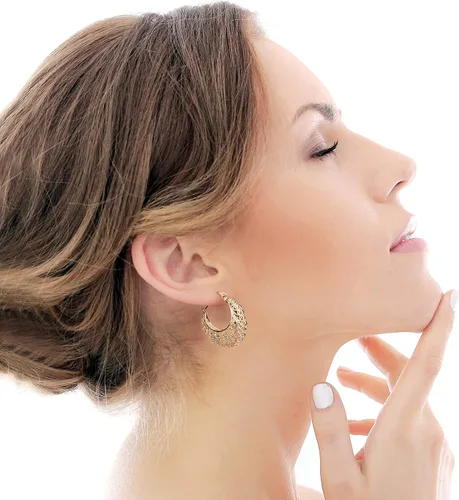 Vista 5 de Aretes de filigrana, estilo vintage, con filigrana, ovalados, chapados en oro, aretes colgantes chapados en oro, aretes bohemios amarillos para mujer