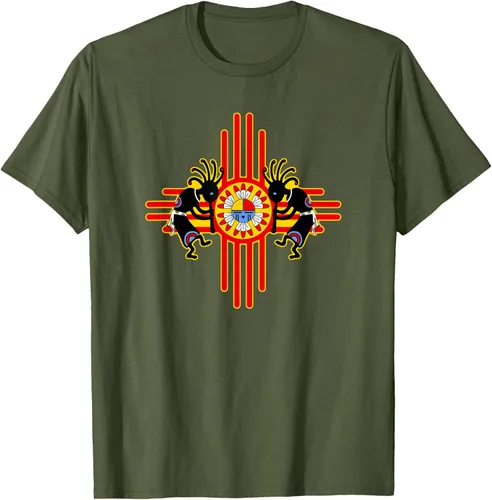 Vista 76 de Native American Kokopelli Kachina Zia Symbol 2 - Camiseta divertida para fanáticos, Negro