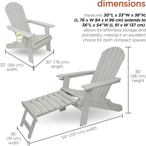 Vista 3 de Alpine Corporation Silla plegable Adirondack para exteriores de 38 pulgadas de alto con portavasos y otomana, diseño ergonómico clásico, muebles
