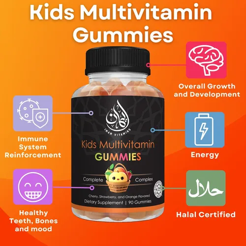 Vista 2 de Gomitas multivitamínicas Halal Kids Vitamina C, D, zinc, A, E, B6, B12, biotina, folato, inositol Fortalece el metabolismo, los huesos