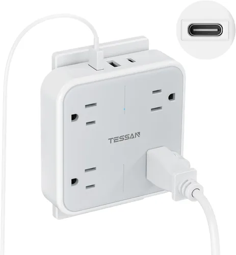 Vista 8 de TESSAN - Extensor de salida con protector de sobretensiones, adaptador de enchufe múltiple con divisor de 4 salidas y 3 USB (1 USB C), expansor