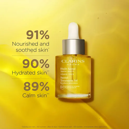 Vista 2 de Clarins Tratamiento de aceite facial Santal Hidrata, suaviza y reconforta la piel Calma el enrojecimiento y las irritaciones Minimiza