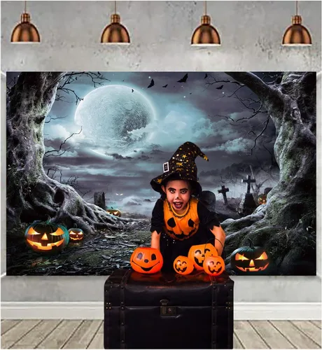 Vista 3 de Telón de fondo de fotografía de Halloween de 7 x 5 pies, horrible farol de calabaza y telón de fondo de noche de luna llena para decoración