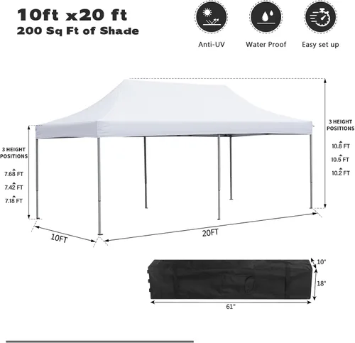 Vista 6 de Tienda de campaña desplegable de 10 x 20 pies, plegable, resistente, altura ajustable, refugio con bolsa con ruedas