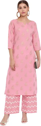 Vista 3 de Janasya Kurta de algodón rosa con palazzo para mujer, Rosado