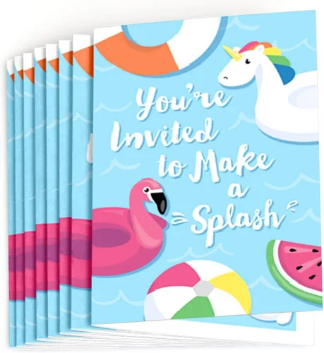 Vista 2 de Big Dot of Happiness Make a Splash - Fiesta en la piscina - Rellena invitaciones de fiesta de natación de verano o fiesta de cumpleaños (8 unidades)