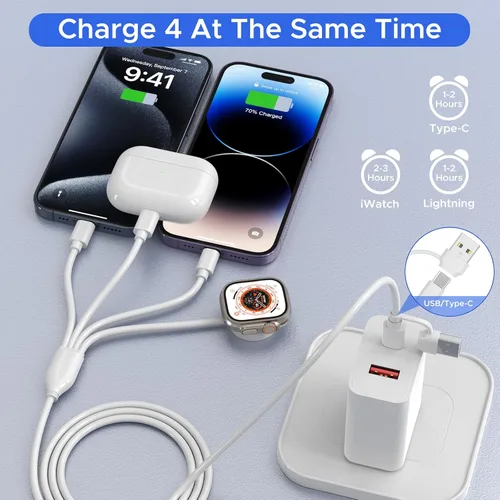 Vista 2 de Cable de carga múltiple 4 en 2 para cargador de Apple Watch, PD20W USB C+A, bloque de carga esencial de viaje con iWatch L/tipo C para iPhone 16 15